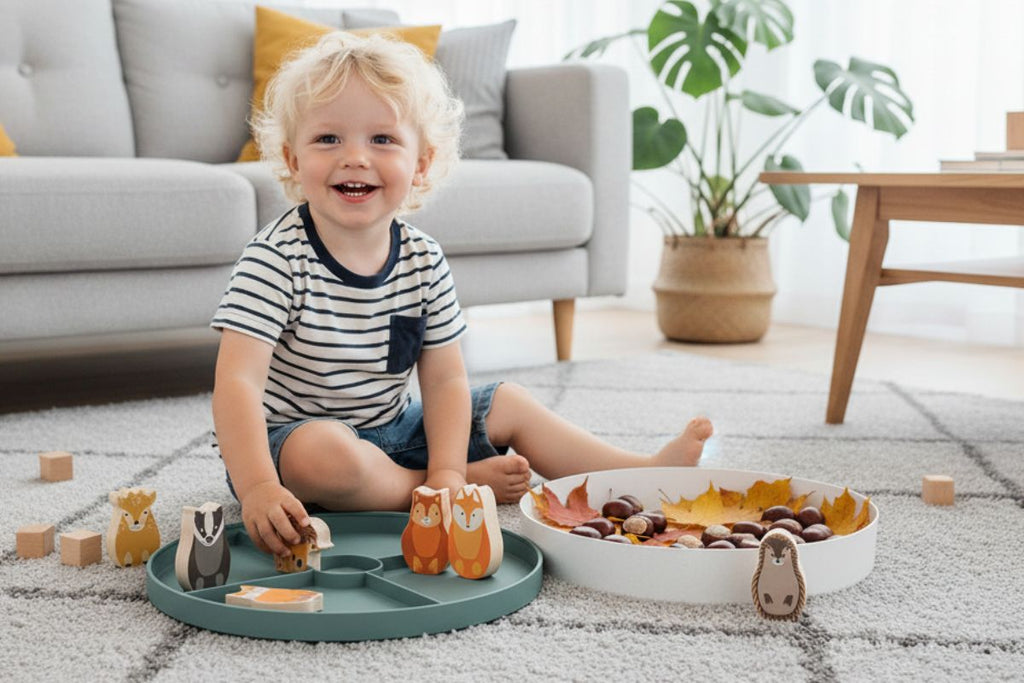 Rosa & Bo Tray Play Small World Set with wooden characters in a play tray